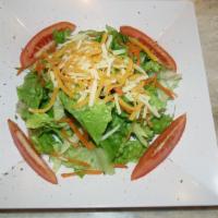 Side salad · fresh mixed greens with tomatoes carrots and jack cheddar cheese