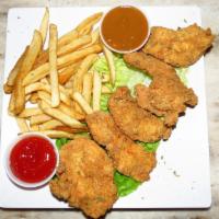Chicken Fingers · Battered plump juicy all white meat chicken served with french fries and BBQ honey mustard s...