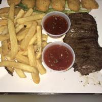 Skirt Steak and Shrimp Combo · A 6 oz. portion of our famous skirt steak combined with 6 fried shrimp served with french fr...