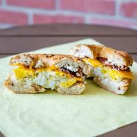 Bacon, Egg & Cheese Bagel · Your choice of bagel with Bacon strips, Egg, Mayo and your choice of cheese.