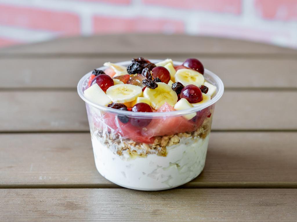 Fruit Salad · Cantaloupe, Watermelon, Pineapple, Strawberries & Bananas topped with cottage cheese, honey and honey almond granola. 