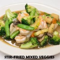 E12. Mix Vegetables · Sauteed broccoli, carrot, zucchini, snap peas, mushrom, yellow onion and baby corn in brown ...