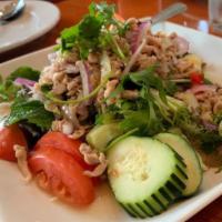 Larb Salad · Comes with choice of meat, seasoning with green onion, chili, cilantro lime juice and rice p...