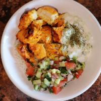 Chicken Bowl · Chopped chicken breast, Must-o-Khiar, and Shirazi served over basmati rice