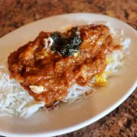 Eggplant Delight with Rice · Our Eggplant Delight served over basmati rice 