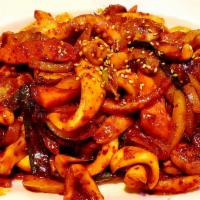20. O Jing Uh Bokum 오징어 볶음 · Stir fried cuttlefish and vegetables in spicy sauce.