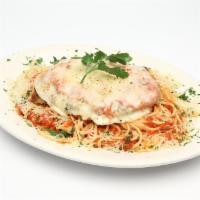 Chicken Parmesan Dinner · Served on penne pasta with pomodoro sauce, fresh basil, garlic and parsley.

Comes with Gril...