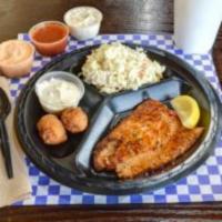 Grilled Salmon Basket · Baskets Include Reg Side, Drink, Hush Puppies
