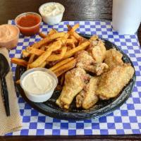 6 Piece Wings · Can choose 1 wing flavors and choice of ranch or bleu cheese dips.