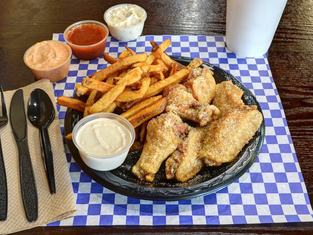 6 Piece Wings · Can choose 1 wing flavors and choice of ranch or bleu cheese dips.