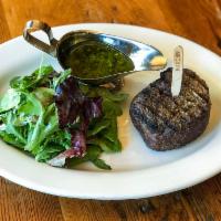 Filet Mignon · served with chimichurri or green peppercorn, fries or mixed greens