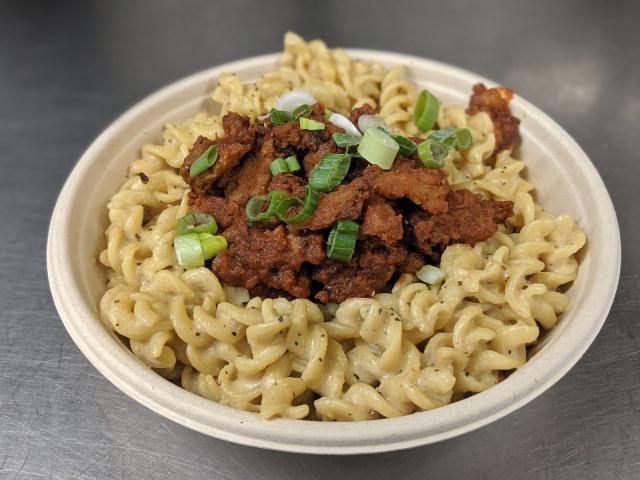 BBQ Mac Bowl  · Cashew mac and cheese topped with BBQ LB Chicken and green onions.