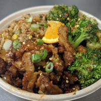 Orange Chicken Bowl · Gluten-free. Fried rice with LB orange chicken and grilled broccoli. topped with red pepper,...