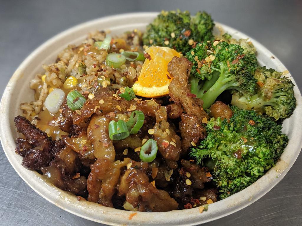Orange Chicken Bowl · Gluten-free. Fried rice with LB orange chicken and grilled broccoli. topped with red pepper, green onion, and an orange slice.