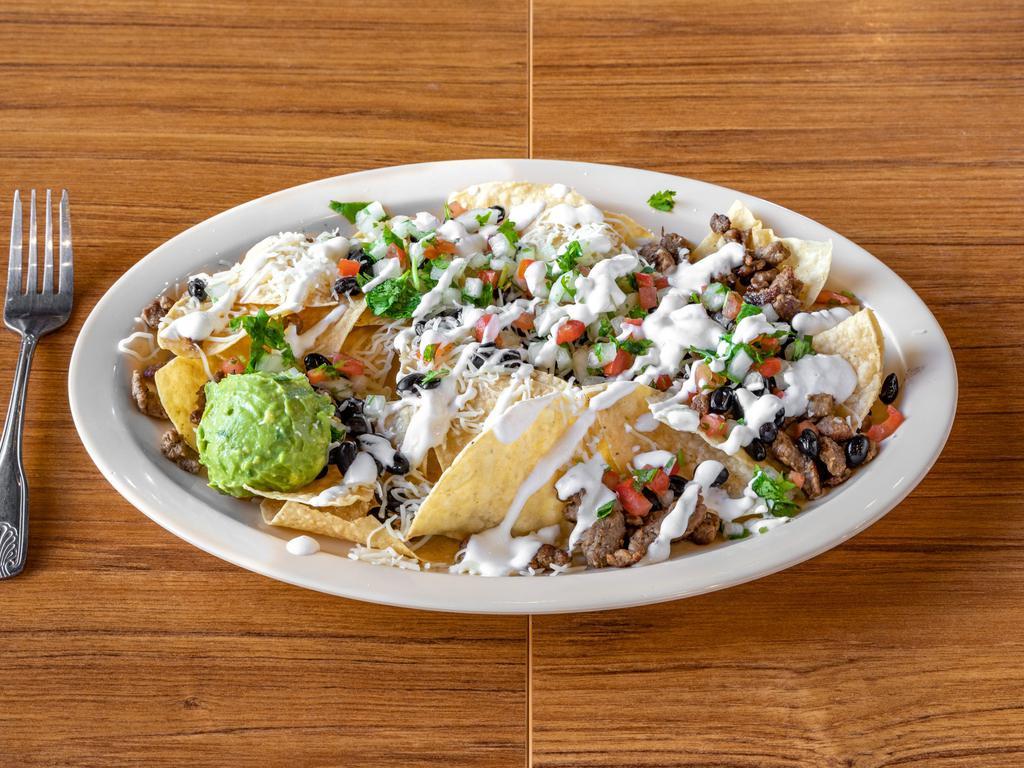 Loaded Nachos · Choice of meat, beans, cheese, guacamole, and sour cream. Add extras for an additional charge.