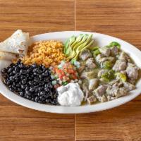 Chile Verde Plate · Choice of flour or corn tortillas. Includes sides of pico, avocado, and sour cream.