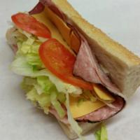 American Sub · Ham, cotto salami, bologna, meat loaf, Swiss and American cheeses, onions, lettuce and tomat...