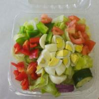 Bob Salad · Lettuce, tomato, cucumber, red and green peppers, 2 chopped hard boiled eggs and low calorie...