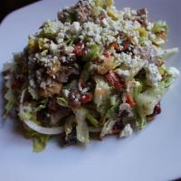 City Tap Chop Salad · Bacon, blue cheese, olives, roasted tomatoes, crountons, crispy shallors, shaved onions, egg...
