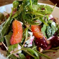 Beet and Goat Cheese Salad · baby kale, arugula, orange segments, red beets, red onion, candied pecans, goat cheese, appl...
