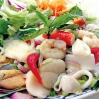 Spicy Seafood Salad · A variety of seafood from mussels, shrimp, calamari, fish, and imitation crab tossed with on...