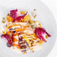 Roasted Rainbow Carrots ＆ Sweet Potato (Side) · Toasted Seeds, Tahini ＆ Harissa Oil.