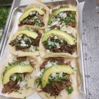 Street Tacos · Each. Your choice of meat topped with cilantro, onion, and avocado salsa. Meat options:  chi...