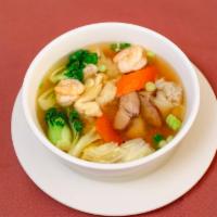 Wor Wonton Soup · Chicken wontons with vegetables, chicken, BBQ pork and shrimp served in light house broth.