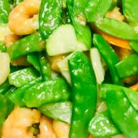 Snow Peas Shrimp · Shrimp with snow peas, napa cabbage, carrots and water chestnuts stir fried in a light garli...