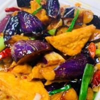 Chinese Eggplant with Tofu · Chinese eggplant with fried tofu and green onions stir fried in a spicy szechuan sauce. Hot ...