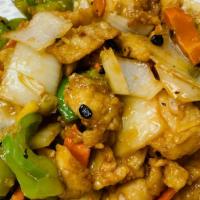 Fish Fillet with Black Bean Sauce · Tender sole fish fillet with diced bell pepper, onions, carrots stir fried in a black bean s...