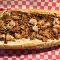 25. Steak and Shrimp Cheesesteak · Steak or chicken, regular or spicy shrimp, sauteed onions and cheese.