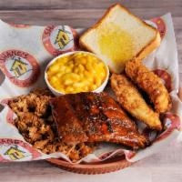 2 Meat Plate · 1/2 chicken, 4 ribs, 3 tenders, 6 wings, BBQ pork or BBQ chicken. Includes 2 sides and Texas...