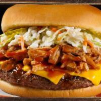 Shaniac Burger · includes cheese, slaw, pickles, pork and bbq sauce.