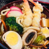 Nabe Udon · 100% vegan frendly broth. Served with 2pc of shrimp tempura.