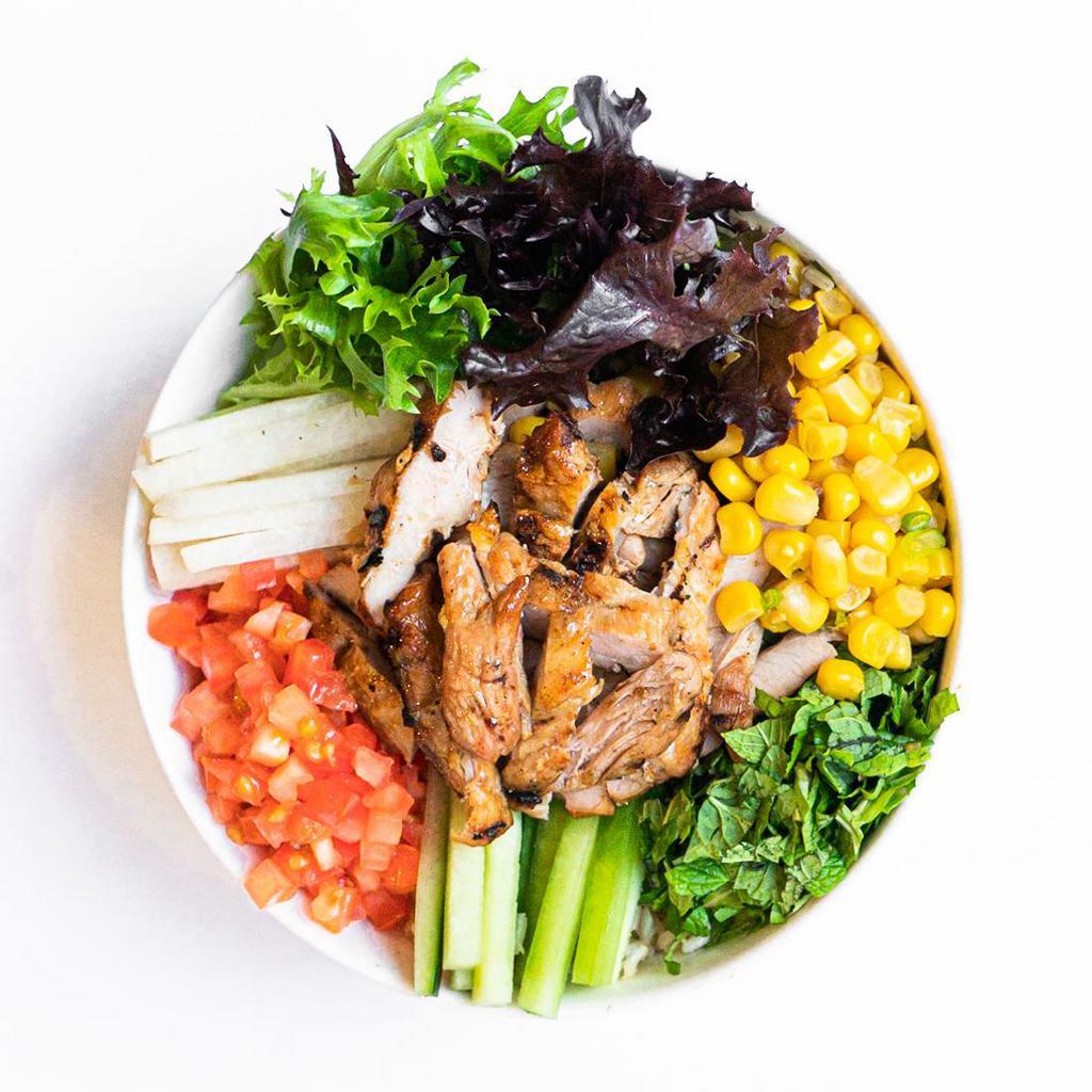 California Love FreshBOWL · Mixed Greens, Diced Tomatoes, Jicama, Corn, Cucumber, Mint, Crispy Shallots. Recommended Sauce: Citrus Ginger.  Gluten-free before sauce.   