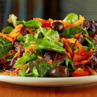 Insalata Mista · Mixed greens, olives, sliced grape tomatoes, carrots, balsamic, and extra virgin olive.