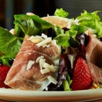 Pinoli & Prosciutto · Mixed greens, prosciutto, strawberries, Parmigiano, toasted pine nuts, balsamic, and extra v...