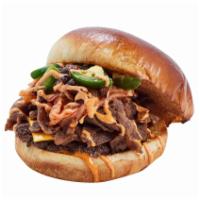 The “ K ” Bae Burger · Beef patty, thin steak, grill onions, bulgogo sauce, spicy aioli, American cheese, kimchi, j...