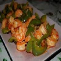 Shrimp with Green Pepper & Tomato · Served with white rice.