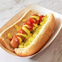 Vegan Hot dog · Vegan Hot dog with sweet relish and mustard sauce
