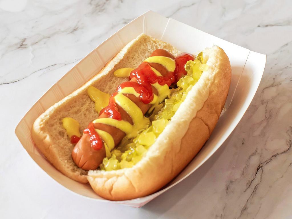 Vegan Hot dog · Vegan Hot dog with sweet relish and mustard sauce