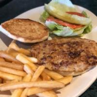 Turkey Burger · Served with lettuce, tomato & pickle. On a English muffin with french fries