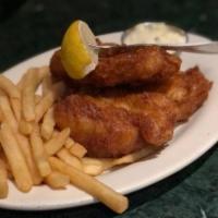 Fish & Chips · Served with french fries and vegetables.