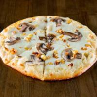 White Mushroom Pizza · Alfredo sauce, fresh shredded mozzarella, mushrooms and roasted garlic.