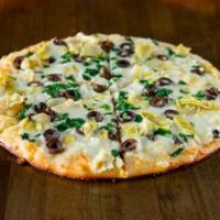 Mediterranean Pizza · Alfredo sauce, fresh shredded mozzarella, feta, spinach, artichoke hearts and black olives.