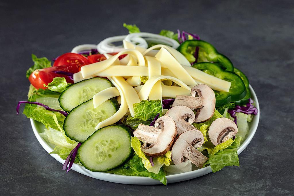 Garden Salad · Iceberg and romaine lettuce mix with red cabbage, cucumber, tomatoes, green peppers, mushrooms, onions and provolone cheese.