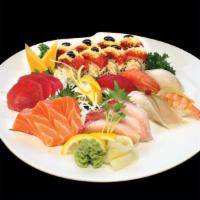 Nigiri and Sashimi Combo A · 5 pieces of nigiri and 9 pieces of sashimi chef choice and Bandera roll.