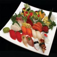 Nigiri and Sashimi Combo B · 10 pieces of nigiri and 12 pieces of sashimi chef choice and chef special roll.