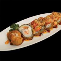 Louisiana Roll · Deep-fried. Spicy tuna, crab mix, cream cheese, salmon topped with baked crawfish, eel sauce...